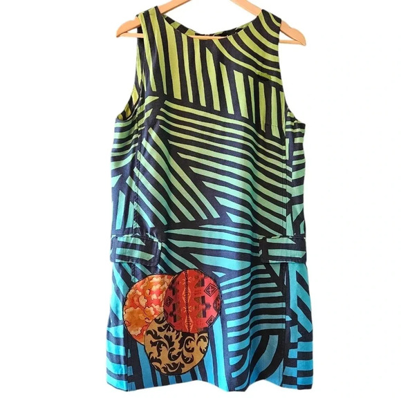 DESIGUAL Women’s Sleeveless Sheath Artsy Graphic Green Striped Mini Dress Sz 46. - Picture 3 of 15
